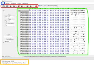 A screenshot of AsProgrammer, with the some firmware open. There are colour coded circles around some elements: Blue - The IC option in the top left of the screen Red - The toolbar at the top of the screen, where the read, write and erase tools are Green - Taking up most of the centre is a box, which is where the patch file is viewable. It is a string of numbers and letters Orange - At the very bottom, is text that will show which file is currently open.