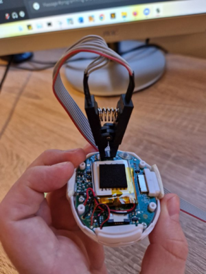 The clip is secured onto the Smart's chip. When holding the tamagotchi with the speaker facing you, the red wire will be on the right hand side, on the pin closest to the front