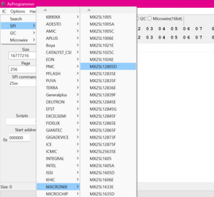 A screenshot of AsProgrammer showing how to select the correct IC. In this case, IC > SPI > MACRONIX > MX25L12805D is selected