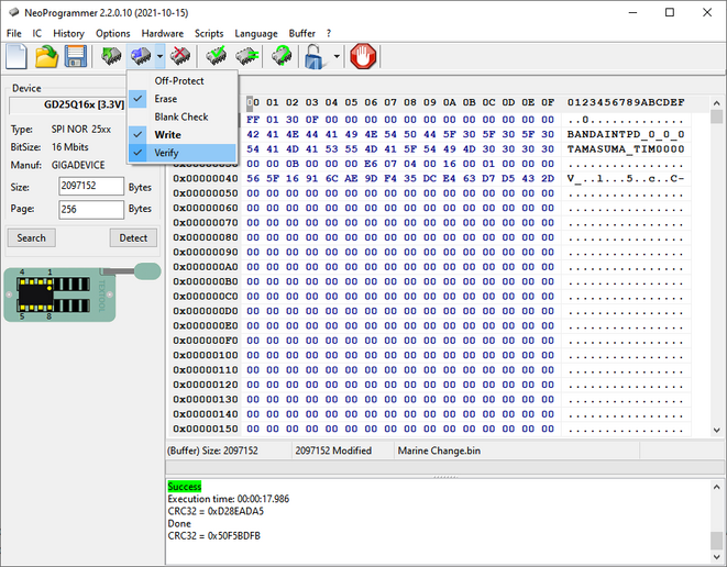 Neoprogrammer with .bin file loaded showing the programming menu and what options should be checked.